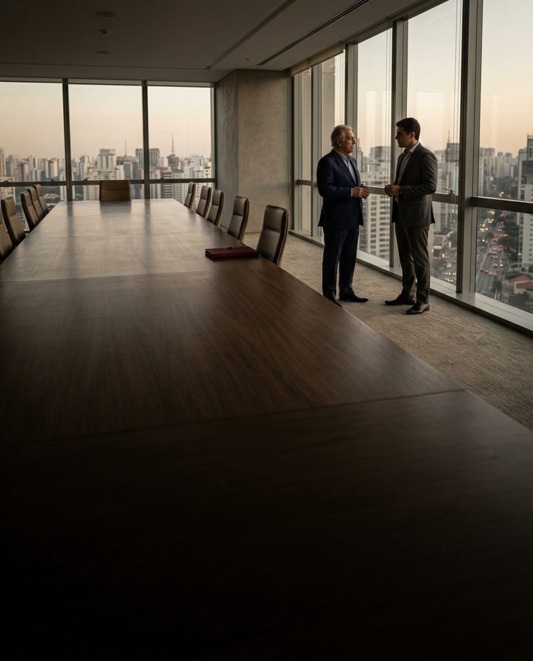 Sala de conselho com fundador e sucessor conversando